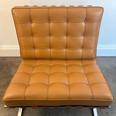Barcelona Chair Designed by Mies van der Rohe in 1929 Polished Chrome Crisscross Base and New Hand Stitched Welted Carmel Brown Leather Squares, Sku 034141