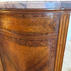 Antique Bowed Front Chest of Drawers w/ Marble Top & Intricate Marquetry Detail, Sku 034055