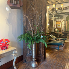 Metal Floor Vase, Antique Brass Finish, Filled with Faux Evergreens and Curly Willow Branches, Sku 033469