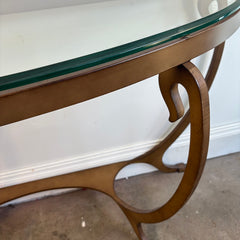 Thomasville Glass and Steel Demilune Console Table. Base Color is Umber and the Shape Features Swoops and Convex Curves, Sku 034040