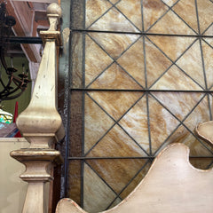 King Headboard Wood with Rustic Taupe Finish 2 Large Posters and Fancy Cut Design, Sku 034090