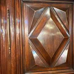 Extra Large Antique Wardrobe Cabinet, Wood Species is Unknown, Large Crown, Large Lower Drawer, 2 Doors Reveal Open Cavity, Carved Diamond Motif, Sku 033509