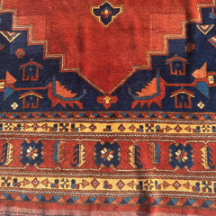 Hand Knotted Wool Rug, Origin Unknown, Rust and Navy, Central Diamond, Sku 033463