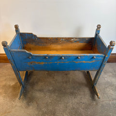 Primitive Wood Baby Cradle with Time Worn Blue Paint, Sku 033672