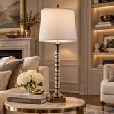 Table Lamp, Glass Stacked Bobbins, Antique Brass Fitting & White Shade, Sku 034043