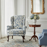 Custom Upholstered Wing Chair, Indigo & Cream Turkish Flower Pattern, Sku: 033545