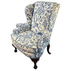 Custom Upholstered Wing Back Chair, Indigo & Cream Turkish Flower Pattern, Sku: 033545