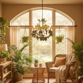 Italian Metal Toleware 5 Arm Chandelier Painted a Lush Green with Pastel Flowers, Sku 033325