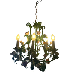 Italian Metal Toleware 5 Arm Chandelier Painted a Lush Green with Pastel Flowers, Sku 033325