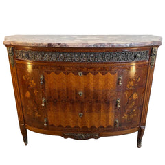 Antique Bowed Front Chest of Drawers w/ Marble Top & Intricate Marquetry Detail, Sku 034055