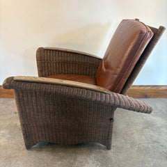 Restoration Hardware Deck Chair and Ottoman Dark Brown Wicker and Wood Arm Rests Cognac Leather Cushions Adjustable Pegs for Desired Reclining Position