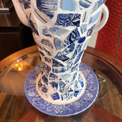 Mosaic Delft Pottery Table Lamp Teapot and Bird Motif with White Square Silk Shade, Sku 033842