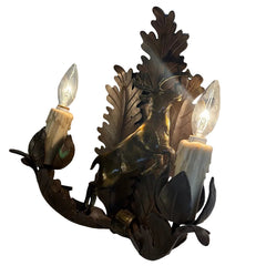 Pair Dana Creek Designs Double Arm Wall Sconce, Rusty Patina, Brass, Deer, Oak Leaf Motif, SKU: 033965
