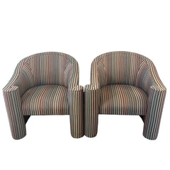 Pair of Vintage Casa Bique Neo Classical Style Arm Chairs, Cut Velvet Striped Upholstery Black, Beige, Blush, Aqua, Scrolled Arm Detail, Great Condition, Chairish Price $1810 Each, Sku 033475