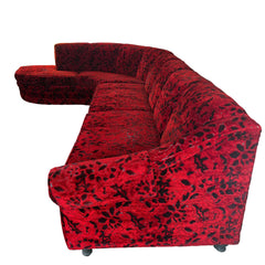 Vintage Sculpted Velvet Black & Red Floral Pattern Two-Piece Sectional Serpentine Shape, Turned Feet, Sku 033667