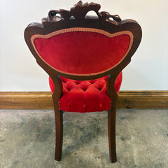 Victorian Wood and Tufted Red Velvet Parlor Chair with Carved Roses, Sku 033521