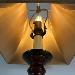 Turned Wood Column Lamp w/ Raw Silk Square Shade, Sku 033838
