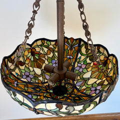 Multi-Color Tiffany Style Bowl Shaped Chandelier, Stained Glass Pieces, Bronze, Sku: 033616
