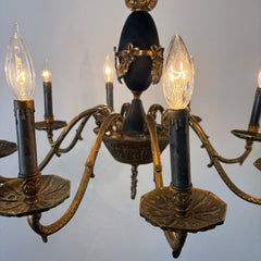 Antique 8 Arm Chandelier Dark Brass and Black, Bow Motif, Sku 033530