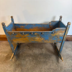 Primitive Wood Baby Cradle with Time Worn Blue Paint, Sku 033672