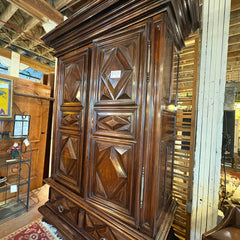 Extra Large Antique Wardrobe Cabinet, Wood Species is Unknown, Large Crown, Large Lower Drawer, 2 Doors Reveal Open Cavity, Carved Diamond Motif, Sku 033509