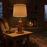 Vintage Table Lamp, Carved Wood Farmer, Plow and Brass Shot Gun, Textured Vintage Shade, Sku: 033523