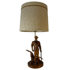 Vintage Table Lamp, Carved Wood Farmer, Plow and Brass Shot Gun, Textured Vintage Shade, Sku: 033523