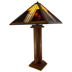 Mission Style Stained Glass Lamp Handmade Walnut Bases by Artist, John May, Sku: 033655