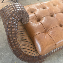 Gondola Style Chaise Tufted Leather Upholstery Case Constructed in Wood and Cane with Coconut Shell Veneer and Claw Feet, Sku 033076