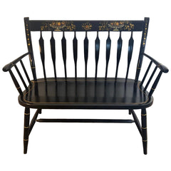 Nichols and Stone Brand, Commemorating America's Bicentennial, Spindle Back Wood Bench, Black Painted Finish with Gold Accented Fruit and Leaf Motif, Sku 033769