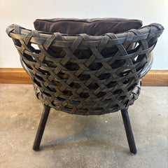Palecek Arm Chairs Rattan and Woven Natural Material Loose Cushions in Supple Brown Leather, Sku 033804