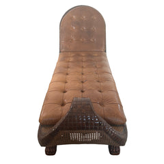 Gondola Style Chaise Tufted Leather Upholstery Case Constructed in Wood and Cane with Coconut Shell Veneer and Claw Feet, Sku 033076