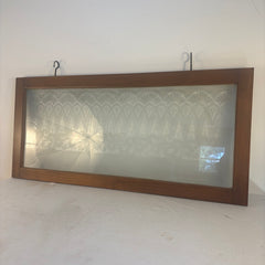 Antique Etched Glass Window Framed in New Wood w/ Hand Forged Mounting Hooks, Sku 033976