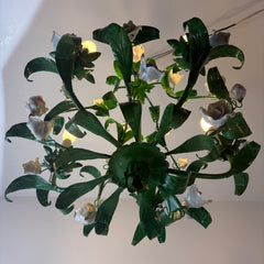 Italian Metal Toleware 5 Arm Chandelier Painted a Lush Green with Pastel Flowers, Sku 033325