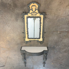 Antique French Renaissance Revival Style Wall Mounted Console Table and Mirror, Verdigris Finished Metal, Table Surface is Faux Stone, Sku 033516