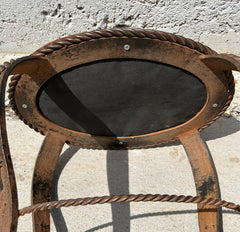 Ornate Oval Leather Top Foot Stool, Iron Base