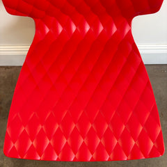 Set of 4 Metalmobil Dining Chairs Molded Red Shell, Diamond Pattern on Maple Leg Structure, Sku 033835