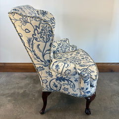 Custom Upholstered Wing Back Chair, Indigo & Cream Turkish Flower Pattern, Sku: 033545