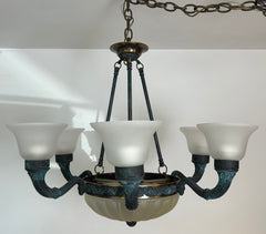 Corbett Chandelier, Six Arm, Bronze and Copper Frame, Frosted Glass Shades, Sku: 032980