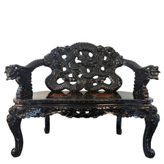 Vintage Japanese Carved Wood, Lacquer Finish Settee, Hand Painted Dragon Motif, Meiji Period, Sku: 033518