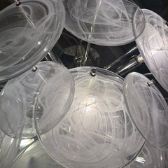 Visual Comfort AERIN "Loire" Semi-Flush Chandelier, White Strie Glass Disc Detail, Polished Silver Tone Base, Sku 033635