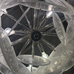 Visual Comfort AERIN "Loire" Semi-Flush Chandelier, White Strie Glass Disc Detail, Polished Silver Tone Base, Sku 033635