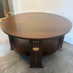 Stickley Round Coffee Table Dark Oak w/ Marquetry Detail, Sku 033990