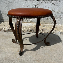 Ornate Oval Leather Top Foot Stool, Iron Base
