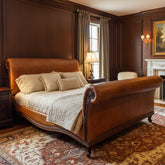 Leather Sleigh Bed, California King, Carmel Tone, Wood Legs, Nail Head Detail, Sku: 033573