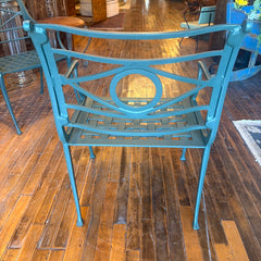 Pair of Neoclassical Style Cast Aluminum Patio Arm Chairs in Sea Green, With Weave Style Seats, Sku: 033758
