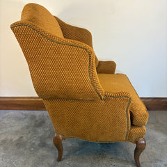 Pearson Wingback Chair, Cognac Oval Patterned Chenille, Nail Head Detail, Queen Anne Style Legs