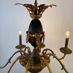 Antique 8 Arm Chandelier Dark Brass and Black, Bow Motif, Sku 033530