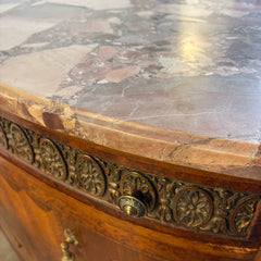 Antique Bowed Front Chest of Drawers w/ Marble Top & Intricate Marquetry Detail, Sku 034055