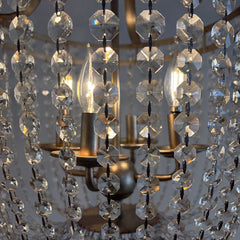 Ethan Allen Basket Chandelier in Silvertone Structure w/ Linked Crystal Coins, Sku 034013